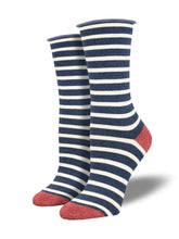 Load image into Gallery viewer, Socksmith Women&#39;s Sailor Stripe Crew SOX SOCKSMITH Navy Ivory  
